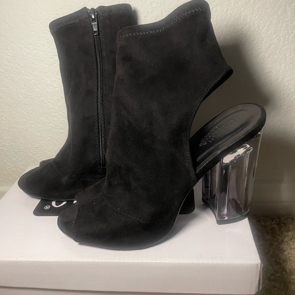 Black Suede Bootie W/ Clear Heel
